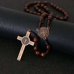 Christ Jesus Wooden Beads 8mm Rosary Bead Cross Car Pendant Woven Rope Chain Necklace Religious Orthodox Praying  Jewelry