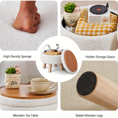 Velvet Round Ottoman with Wood Legs Multifunctional Footrest