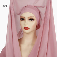 Premium Chiffon Hijab With Bulit-in Magnets Solid Color Easy To Wear Shawl Wrap With Undercap For Muslim Women