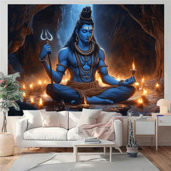 Lord Shiva Wall Tapestry Meditation Cave Poster Hindu God Decor Trishul Energy Art Wall Hanging Yoga Temple Altar Room Gift