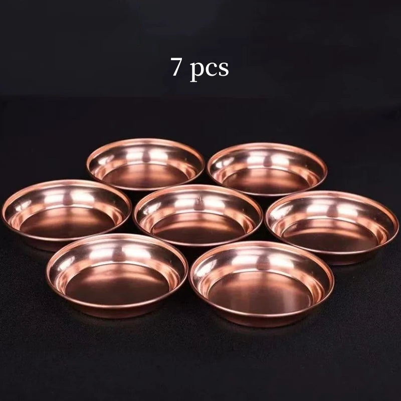 7 Pcs Nepal Altars Platter,Buddhism Red Copper Tribute Tray,Multiple Sizes Desktop Decoration Holy Luster Plate Buddhist Item