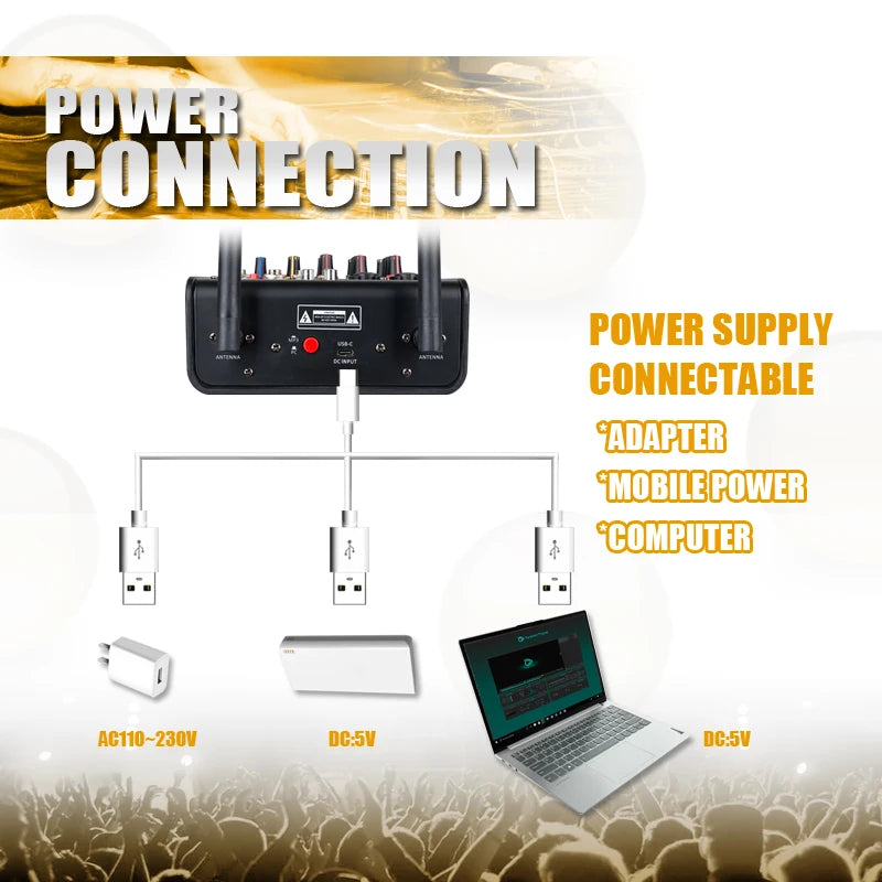4 Channel Audio DJ Mixer Console with Bluetooth Mixer UHF Wireless Microphone for Home Karaoke Stage Studio