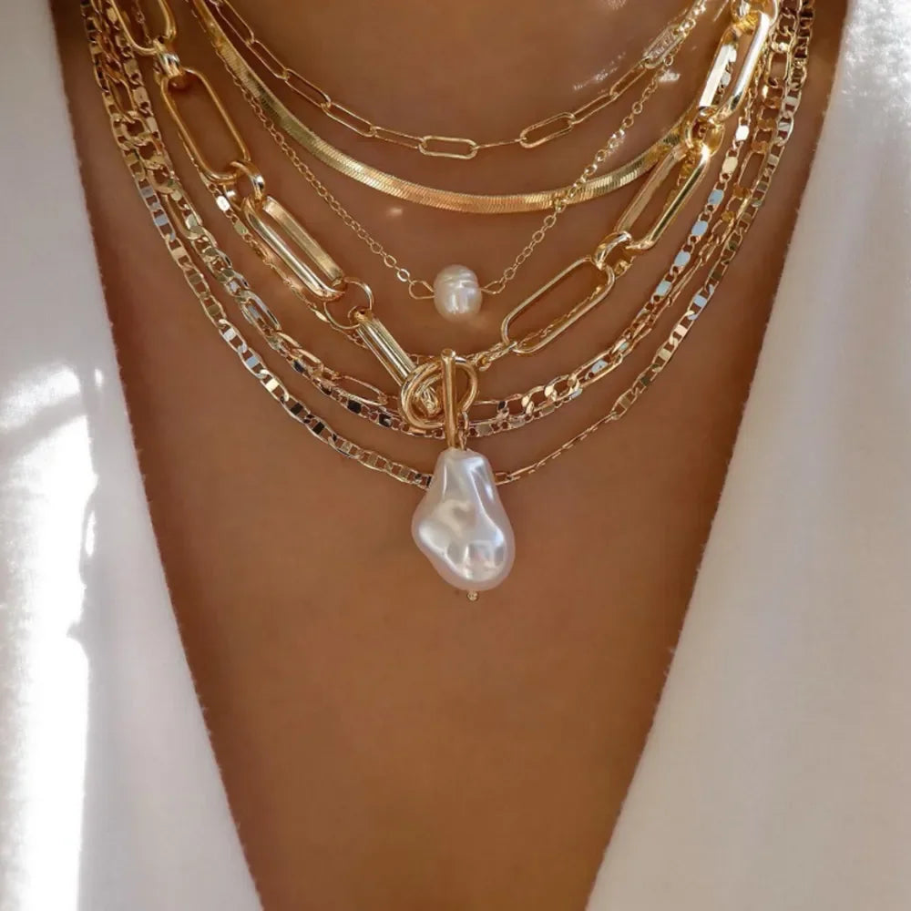 Vintage New Gold Color Multiple Styles Necklace Boho Trendy Multi-Layer Crystal Pendant Necklaces Set Jewelry Gifts