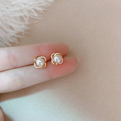 14K Gold Zircon Pearl Twist Stud Earrings for Women
