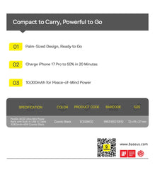 Baseus 45W Mini Power Bank 10000mAh Built-In USB-C Cable Pocket-Sized Smaller Fast Charging Portable For iPhone 17 Samsung S25