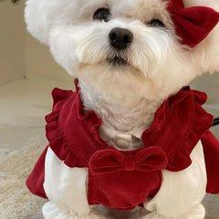 Puppy Bow Knot Dress Set Winter Warm Dog Clothes Pet Christmas Princess Dress Teddy Solid Color Skirt Send Clip Pet Shop Pet Clothing