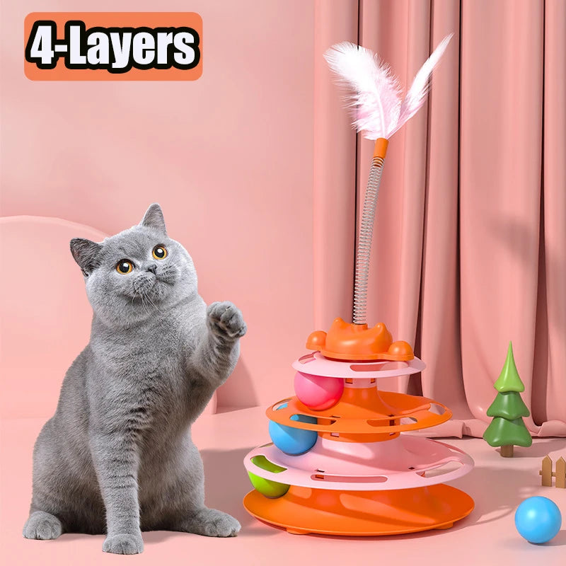 4-Layers Feather Cat Turntable with Fun Toy Ball and Playing Stick Interactive Cat Toy Tower Kitten Turntable Track Roller Balls Pet Shop