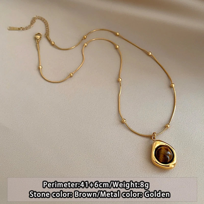 Retro Temperament Layered Tiger Eye Stone Pendant Necklace Stainless steel Double-Layer Chain Sets Jewelry
