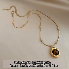 Retro Temperament Layered Tiger Eye Stone Pendant Necklace Stainless steel Double-Layer Chain Sets Jewelry