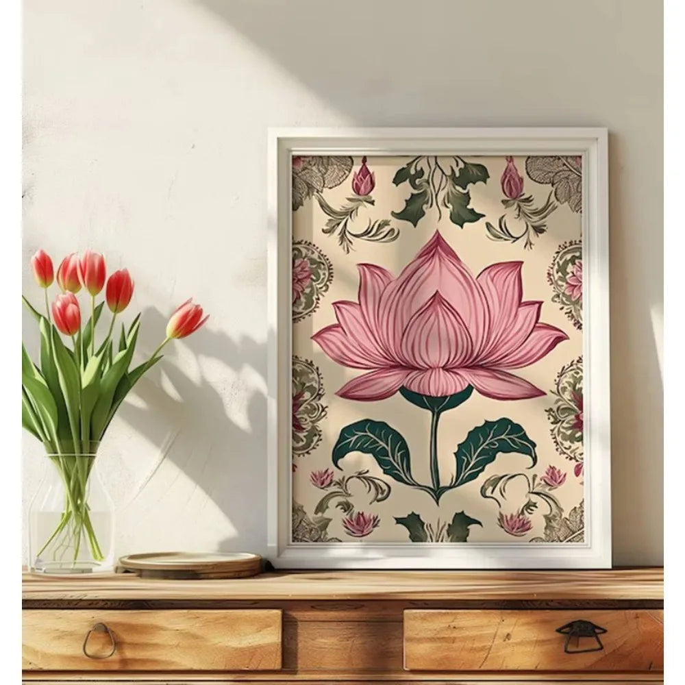 Vintage Traditional Indian Lotus Flower Meditation Zen Pichwai Poster Canvas Painting Wall Art Pictures Home Yoga Interior Decor