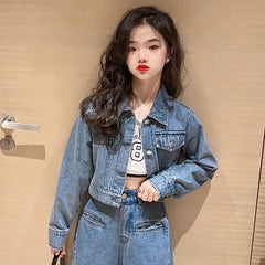 Spring and Autumn New Girls Autumn Clothing Denim Fashionable Korean Style Fried Street Wide-Leg Pants Two-Piece Set
