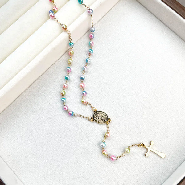 Y Shape Beads Chain Gold Color Stainless Steel Virgin Mary Cross Rosary Pendant Long Necklace Women Girls Jewelry Spiriti Pray