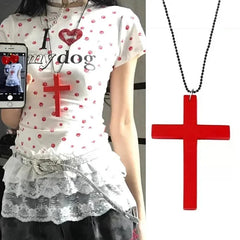 Fashion Punk Gothic Wood Cross Pendant Necklace for Women Men Halloween Vintage Black Hip Hop Y2K Accessories Party Jewelry Gift