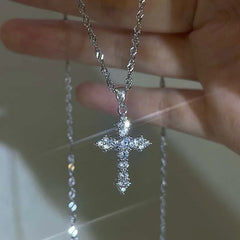 Shiny Crystal Zircon Cross Pendant Necklace Girls Punk Silver Color Thin Chain Necklace Party Jewelry Birthday Gift