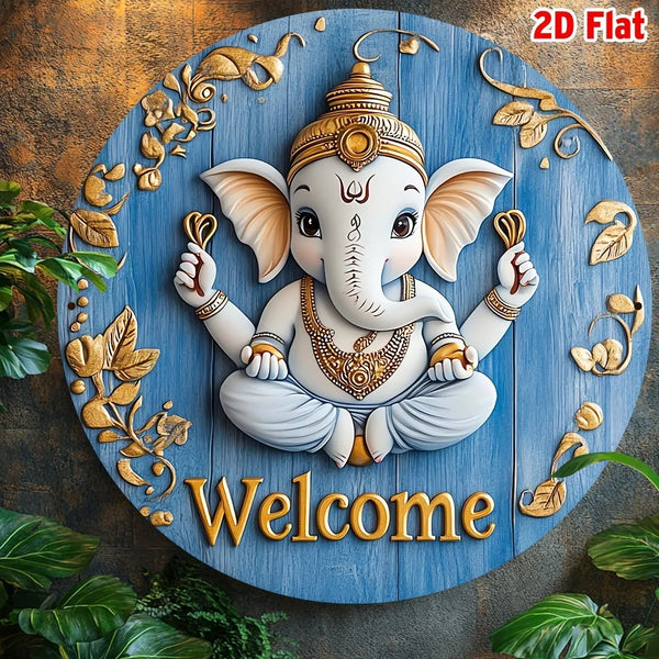 2D Flat] 1pc Vintage Ganesha Welcome Sign – Golden Design, Indian Hindu Deity Decor for Home/Office/Cafe, Perfect Gift