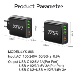 Multi Ports 65W USB Charger Fast Charging Type C Phone Charger Adapter For iPhone Samsung Xiaomi Huawei EU/US Plug Wall Charger