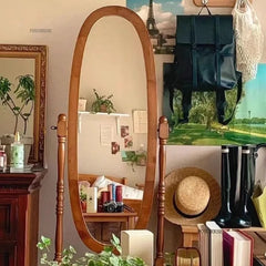 French Retro Solid Wood Floor Mirror Medieval Living Room Bedroom Dressing Mirrors Clothing Store Full-body Fitting Mirror