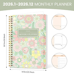 2026 A5 Monthly Planner, Floral Cover,Academic Agenda with Notes&To Do List,Perfect for Productivity,Time Management,Great Gift