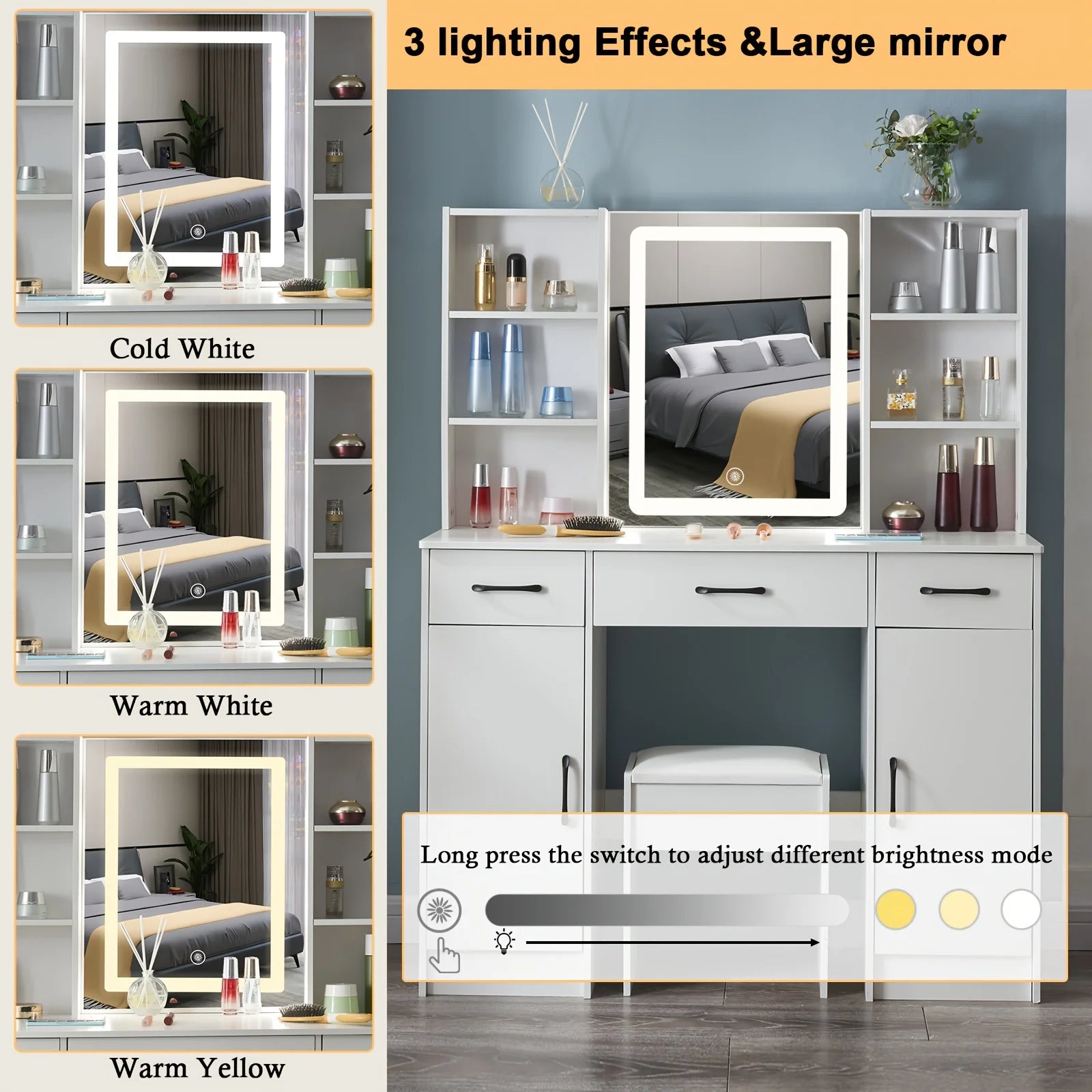 (Festive Gift) Brand-new bedroom dressing table with vanity mirror featuring three colour modes and adjustable brightness Bedroom Furniture