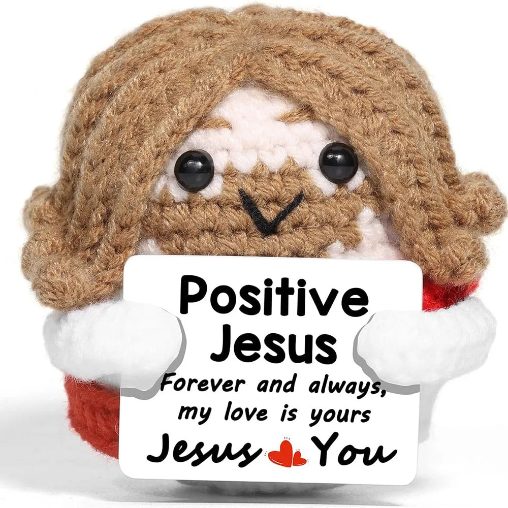 Funny Crochet Emotional Support Jesus Doll With Card Desktop Ornament Handmade Knitted Jesus Dolls Christmas Gifts Home Decor