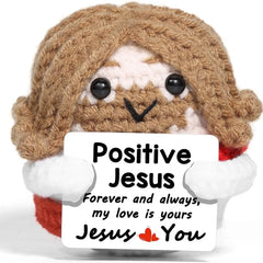 Funny Crochet Emotional Support Jesus Doll With Card Desktop Ornament Handmade Knitted Jesus Dolls Christmas Gifts Home Decor