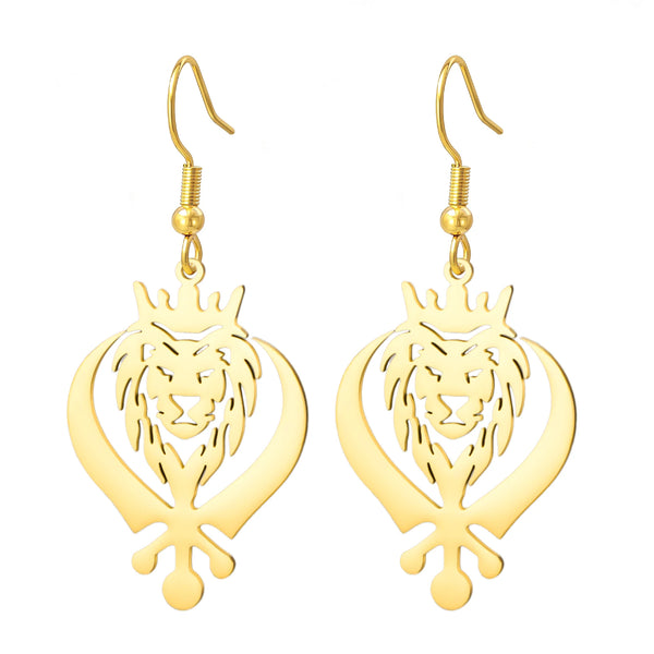 LIKGREAT Lion King Crown Dangle Earrings Sikh Khanda Punjabi Symbol Stainless Steel Jewelry Vintage Gift For Women