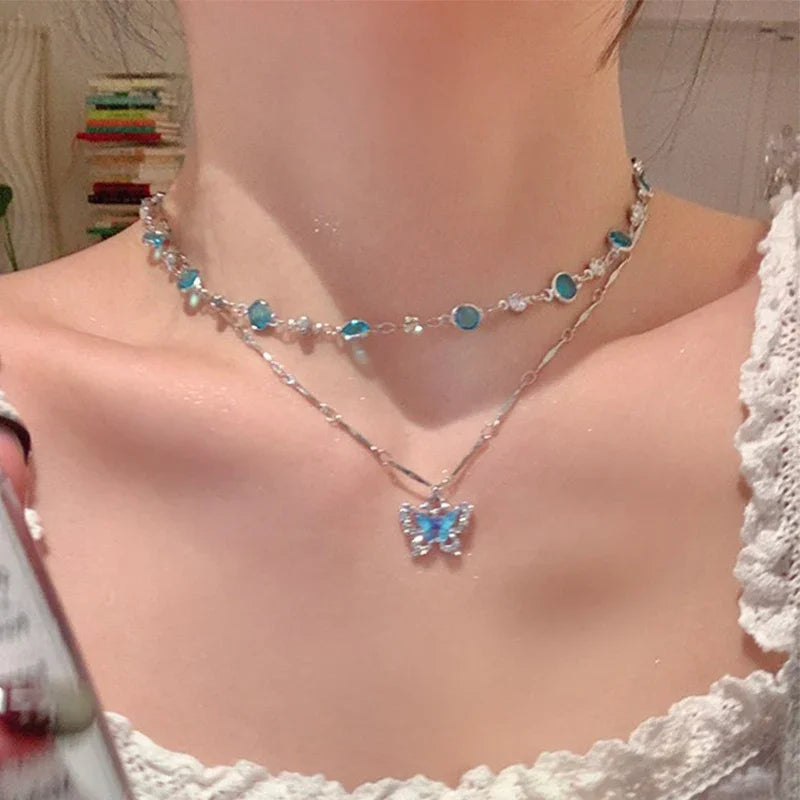 LATS Romantic Blue Crystal Butterfly Necklace Girls Simple Shiny Zircon Bilayer Choker Clavicle Chain New Fine Jewelry