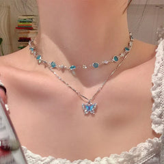 LATS Romantic Blue Crystal Butterfly Necklace Girls Simple Shiny Zircon Bilayer Choker Clavicle Chain New Fine Jewelry
