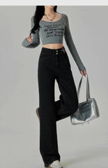 Women's Narrow Cut Wide Leg Jeans With High Waist And Hanging Feeling Straight Leg Casual Look Slim Contrasting Colors Pants