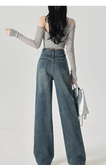 Women's Narrow Cut Wide Leg Jeans With High Waist And Hanging Feeling Straight Leg Casual Look Slim Contrasting Colors Pants