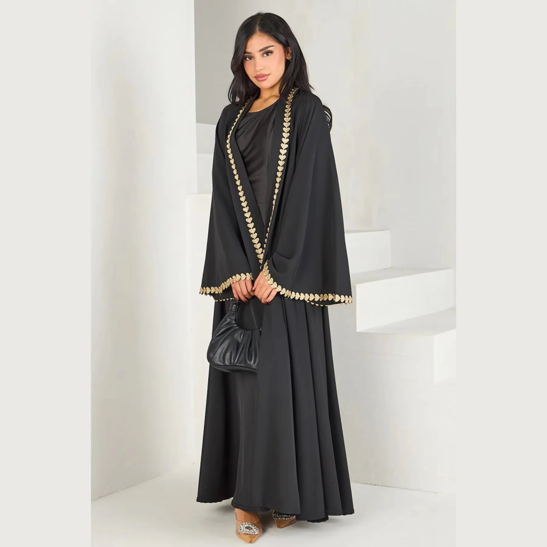 Muslim Womens Abaya with Gold Heart Loose Long Ideal for Islamic Modest Fashion Daily Wear Prayers Weddings Religious Events