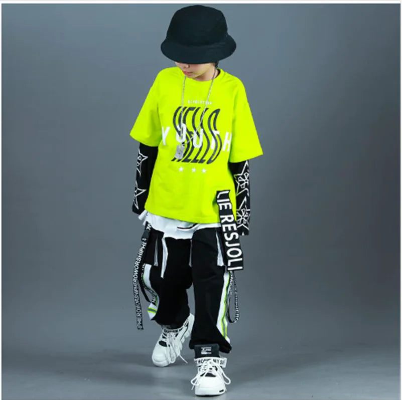 Kids Fashion Hip Hop Clothing Oversize Green Hoodie Streetwear Black Cargo Shorts For Girls Boys Jazz Dance Costume Clothes