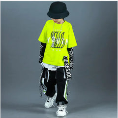 Kids Fashion Hip Hop Clothing Oversize Green Hoodie Streetwear Black Cargo Shorts For Girls Boys Jazz Dance Costume Clothes