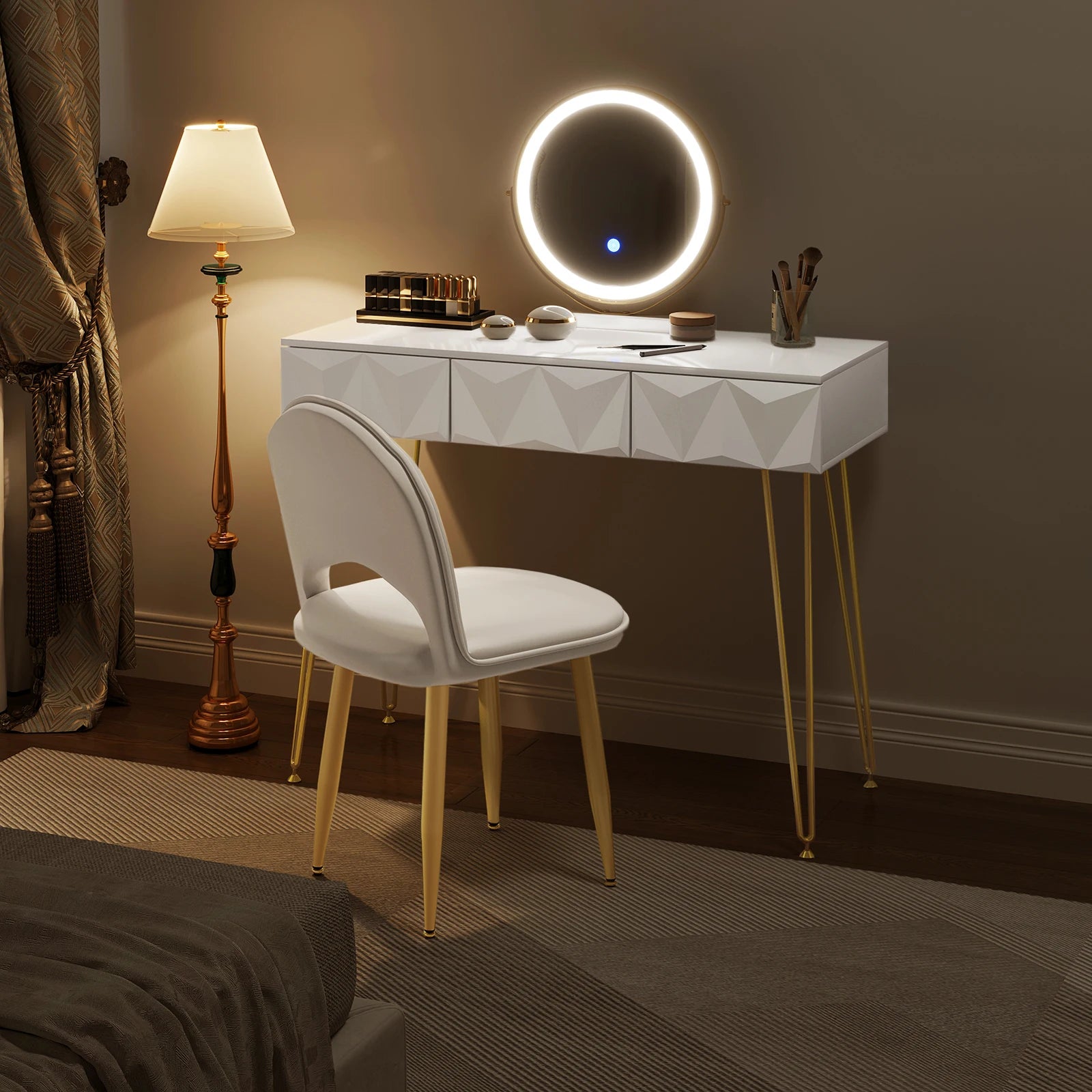 1SET Dressing Table with 360° Rotating Mirror Velvet Chair LED Light in 3 Light Colours Vanity Makeup Desk Cosmetic Table Bedroom Furniture