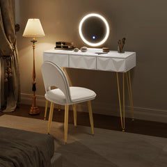 1SET Dressing Table with 360° Rotating Mirror Velvet Chair LED Light in 3 Light Colours Vanity Makeup Desk Cosmetic Table Bedroom Furniture