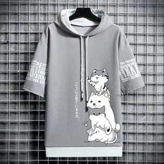 Men's Japan Fashion Men's Hoodies Summer Men Clothing Cartoon Casual Harajuku Streetwear Print Hooded Top Short Sleeve Sweatshirts Men