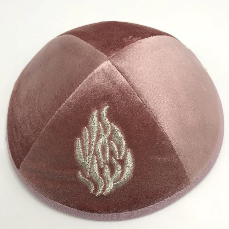 Judaical Velvet Kippah with Embroidery Of Fire for Men Yamaka Hat Kippot Royal Blue Grey 18cm