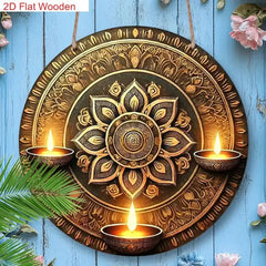2D Flat One Piece Wooden Traditional Oil Lamp And Artistic Painted Design Happy Diwali Round Sign for Decorating Home Bedroom Li