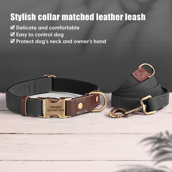 Personalized Dog Collar Leash PU Leather Dog Collars With Walking Lead Rope Free Custom Pet ID for Small Large Dogs Pug Pet Shop