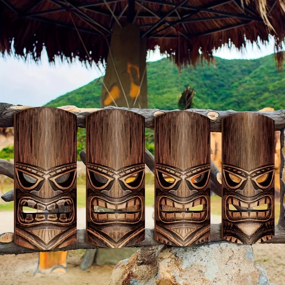 4-piece Tikki Mask Wall Decoration - Vintage Wooden Signage, Suitable for Hawaii, Bars, Outdoor Courtyards, Party Decorations