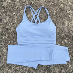 Solid Color Gym Fitness Set Tight Soft cross Fitness Bra 2pc compression High Waist Yoga Legging Suit Comprehensive Training Jog