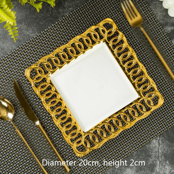 Gold Plated Hollow Out Ceramic Plate Steak Plate Dessert Snack Plate Fruit Salad Plates Service Plates Restaurant Tableware