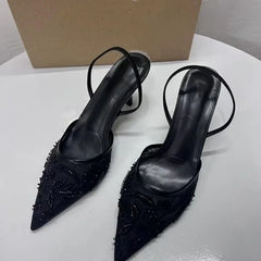 Women's Mesh Floral Embroidered Slingback High Heels Female Open Heel Pearl Studded Pointed Toe Sandals Sexy Stiletto Lady Shoes