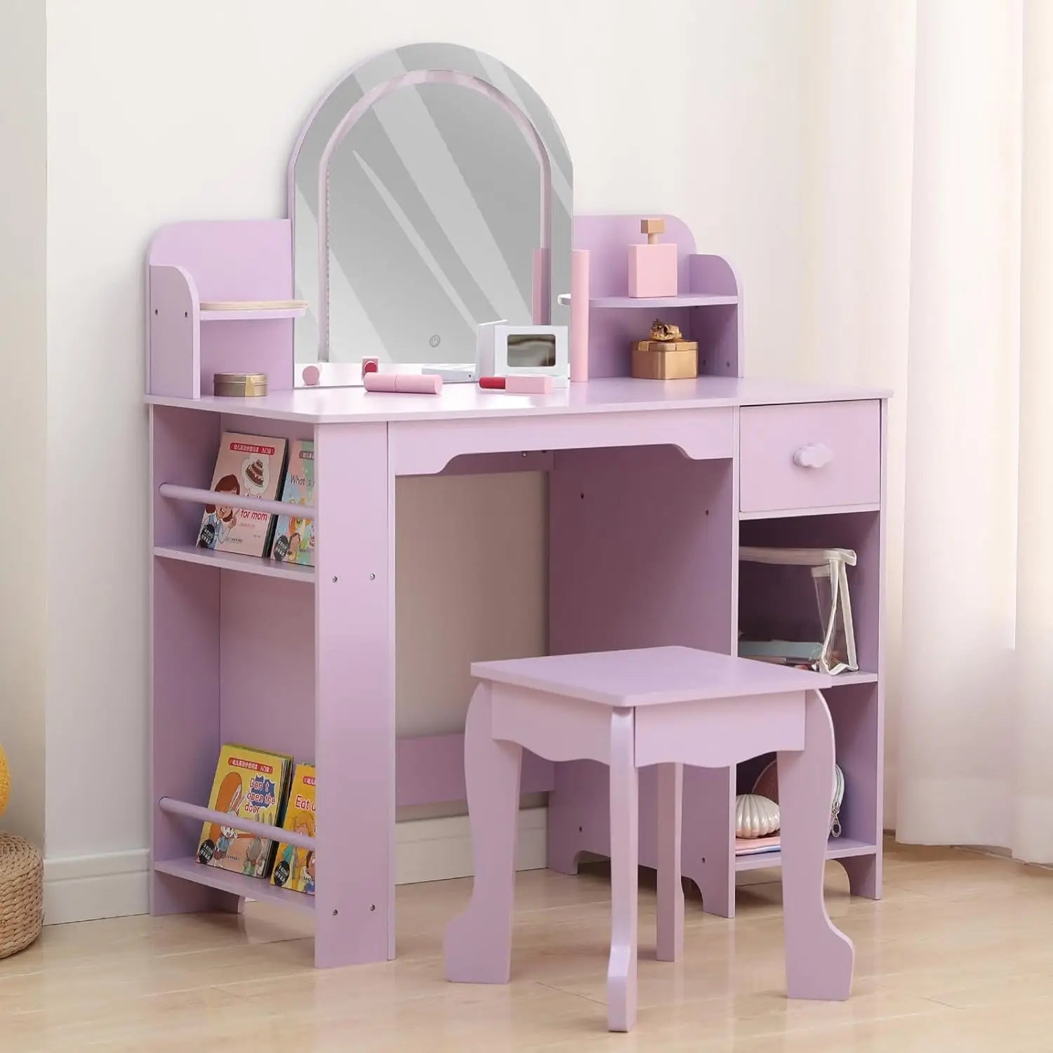 Lighted Princess Vanity Table with Stool Kids Makeup Desk Set Featuring , Drawer & Storage Shelves Girls Room Decor Dressing Table Bedroom Furniture