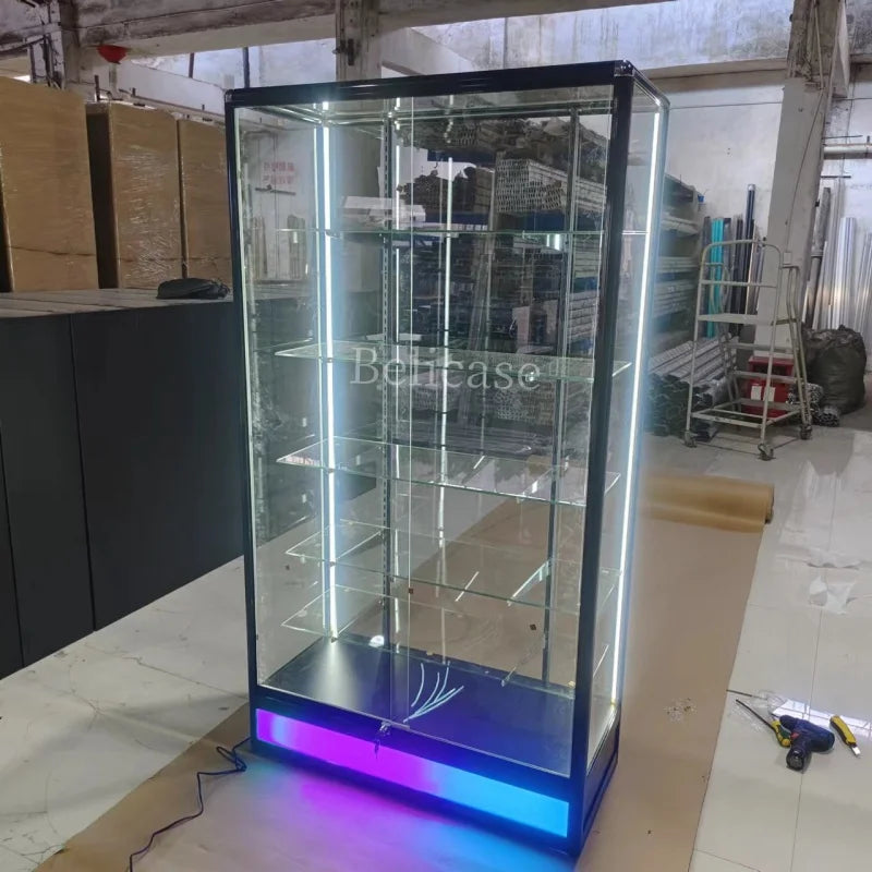 custom，Smoke Shop Decor Aluminum Frame Showcases with Running Light Glass Display Cabinet Wall Display for Smoke Shops Kitchen & Dining Furniture