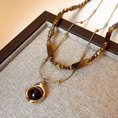 Retro Temperament Layered Tiger Eye Stone Pendant Necklace Stainless steel Double-Layer Chain Sets Jewelry
