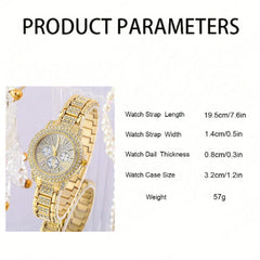 Women’s Gold Quartz Watch & Rhinestone Jewelry Set – Luxury Casual
