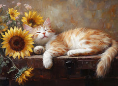Lazy Playful Cute Afternoon Cat Sleeping Art Oil Painting Poster Canvas Printing Home Homestay Wooden House Wall Decor Painting