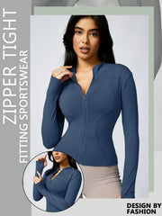 Women's Solid Color Zipper Turtleneck Sports Jacket, Long-Sleeved Sports Top, Gym Wear, Ladies' Sportswear for Indoor and Outdoo