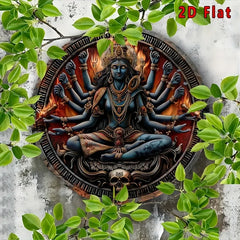2D Flat Hindu Goddess Kali Multi-Armed Deity Round Metal Tin Sign - Spiritual Indian Mythology Themed Wall Decor, Mystical Relig